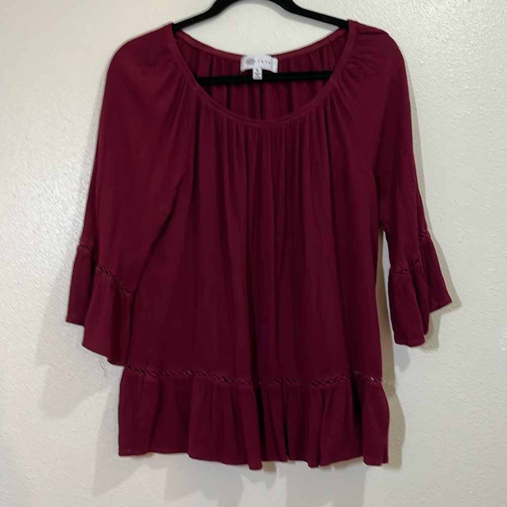 Fever 3/4 sleeved, cranberry top. With band of eyelet. Size Medium